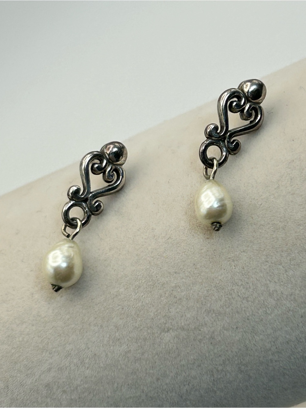 Brighton Scroll Faux Pearl Drop Earrings Silver Plated 1" Dainty Studs No Backs